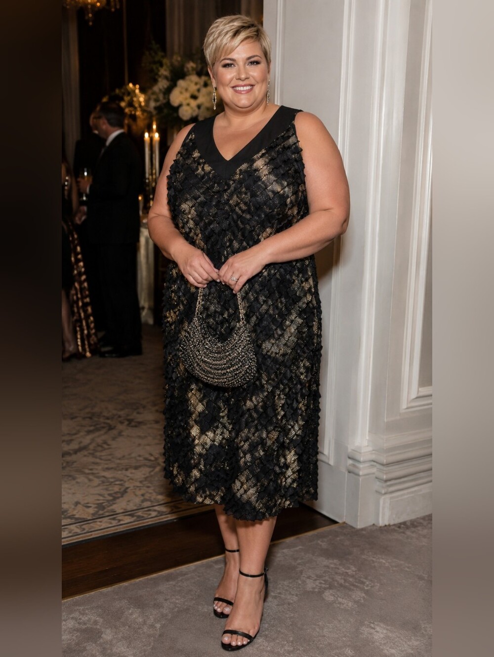 Artex Plus Size XXL: Ruffled Metallic & Black Midi Dress